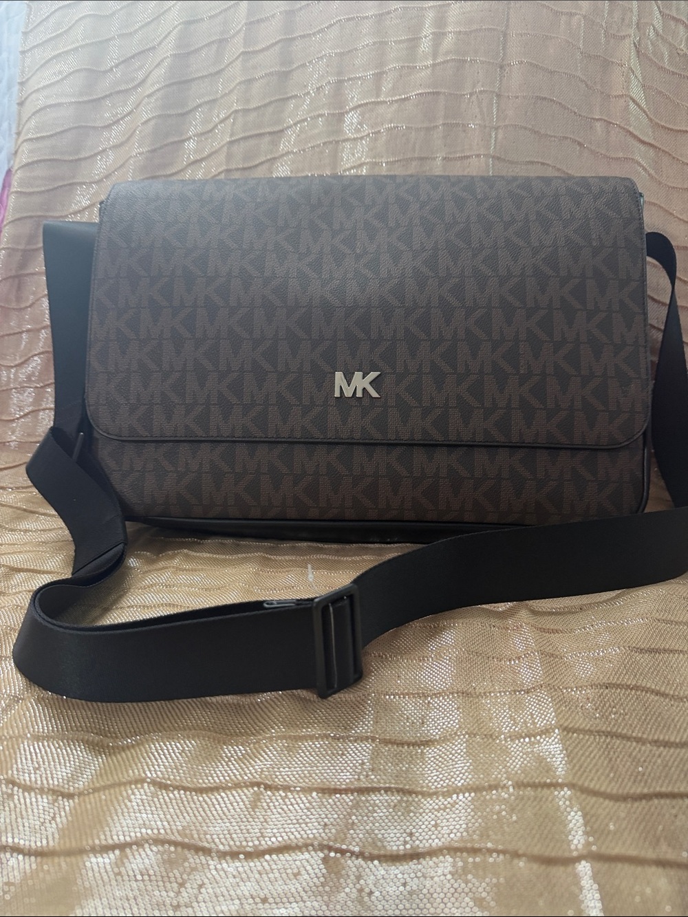 Michael Kors Brown MK Signature Canvas Messenger Bag with Black Strap